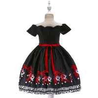 Girls' Christmas Dress Black Print Dress Off Shoulder Princess Dress - PrettyKid