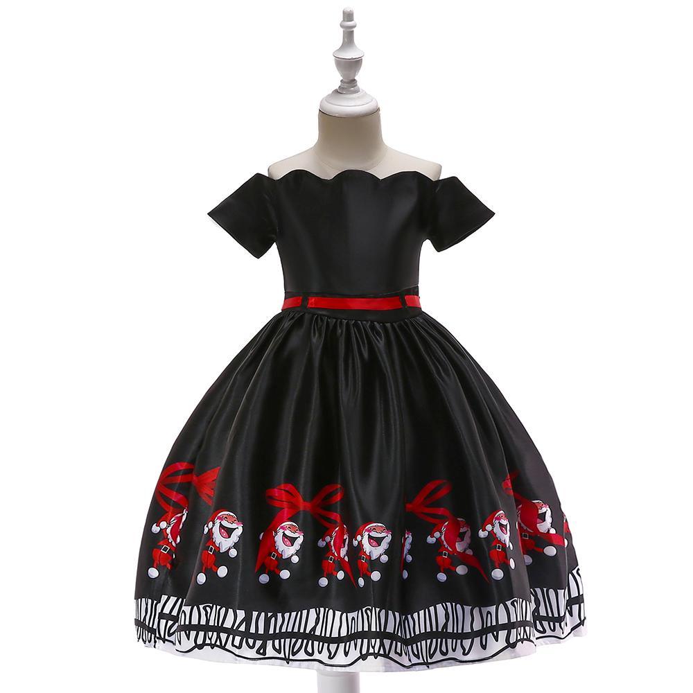 Girls' Christmas Dress Black Print Dress Off Shoulder Princess Dress - PrettyKid