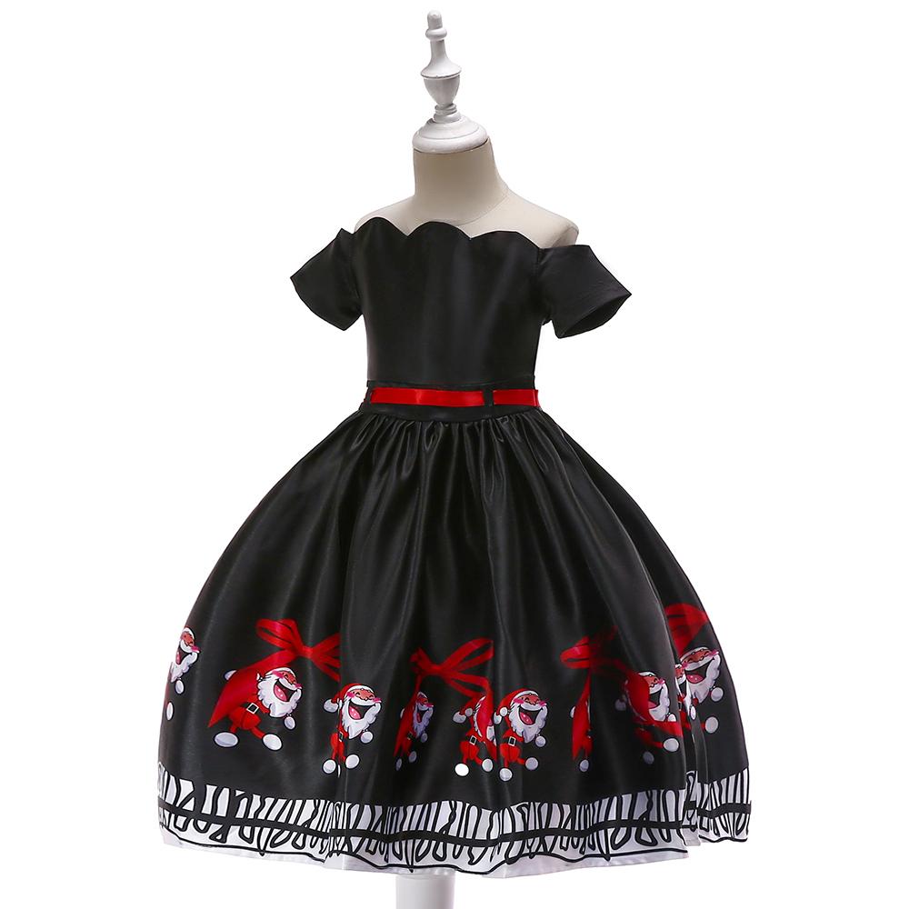 Girls' Christmas Dress Black Print Dress Off Shoulder Princess Dress - PrettyKid