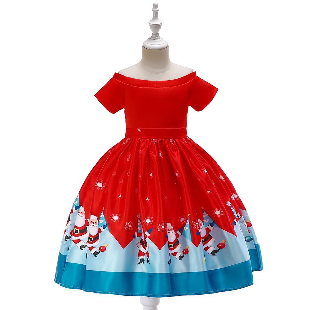 Girls' Christmas Dress Off Shoulder Short Sleeve Princess Dress - PrettyKid