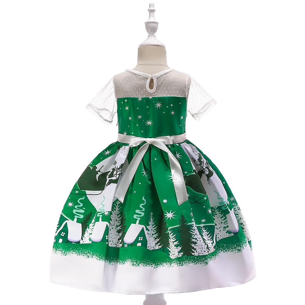 Girls Christmas Dress Printed Santa Tutu Short Sleeve Princess Dress - PrettyKid