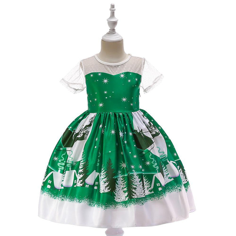 Girls Christmas Dress Printed Santa Tutu Short Sleeve Princess Dress - PrettyKid