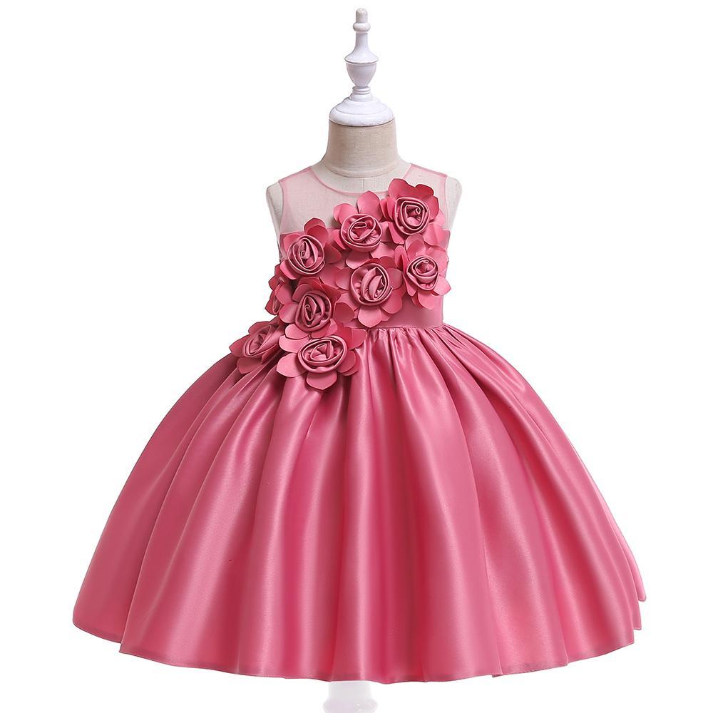 Girl Flower Solid Color Princess Dress - PrettyKid