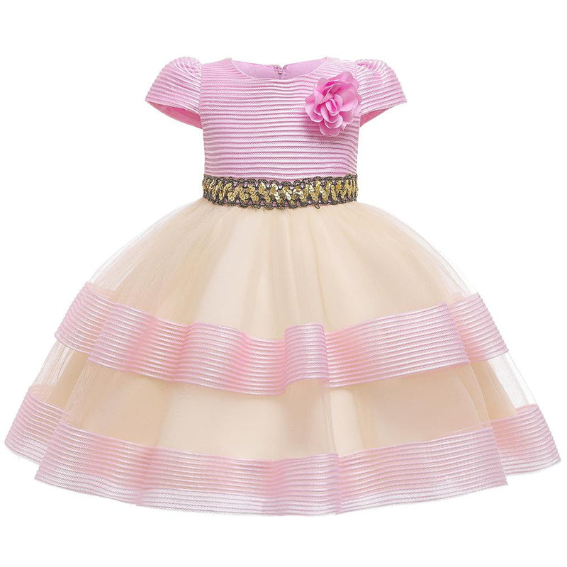 Girls' Prom Dress Princess Dress Color Matching Short Sleeve Dress - PrettyKid