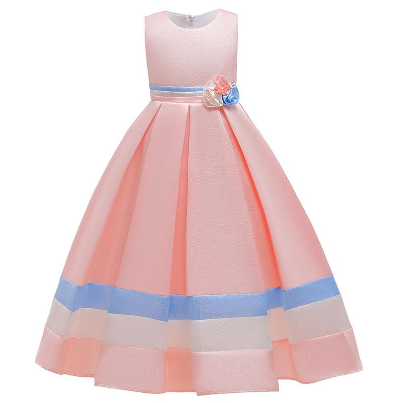 Girls' Prom Dress Princess Dress Floor Long Dress Contrast Strip Dress - PrettyKid