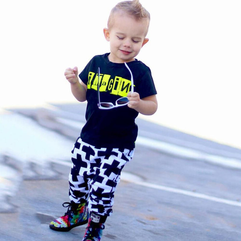 Boys Imagine Printed Short Sleeve T-shirt & Cross Printed Pants Boy Clothing Wholesale - PrettyKid