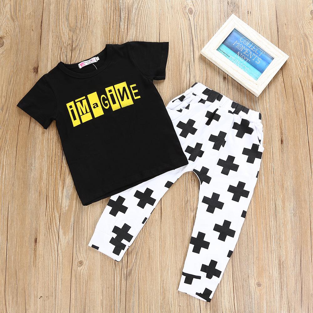 Boys Imagine Printed Short Sleeve T-shirt & Cross Printed Pants Boy Clothing Wholesale - PrettyKid