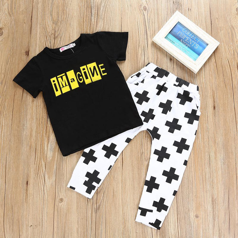Boys Imagine Printed Short Sleeve T-shirt & Cross Printed Pants Boy Clothing Wholesale - PrettyKid