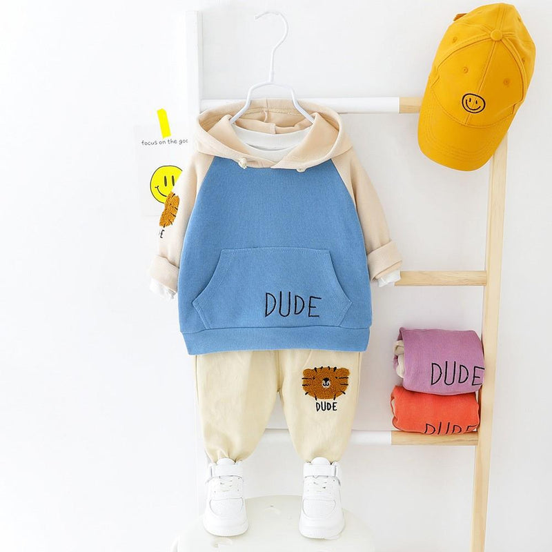 Boys Little Lion Pattern Hooded Top & Pants Boys Casual Suits - PrettyKid