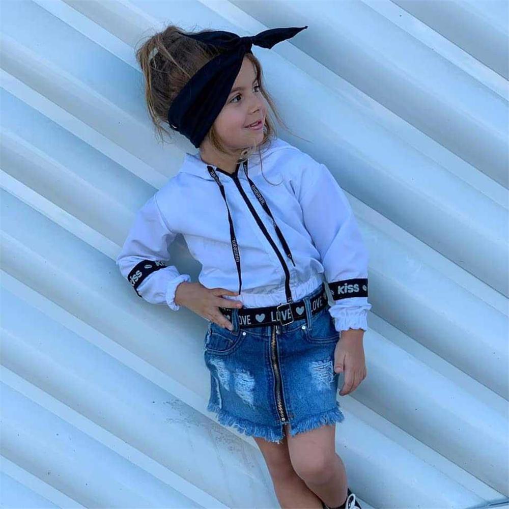 Girls Kiss Printed Hooded Long Sleeve Jacket & Ripped Denim Skirt Girls Wholesale - PrettyKid