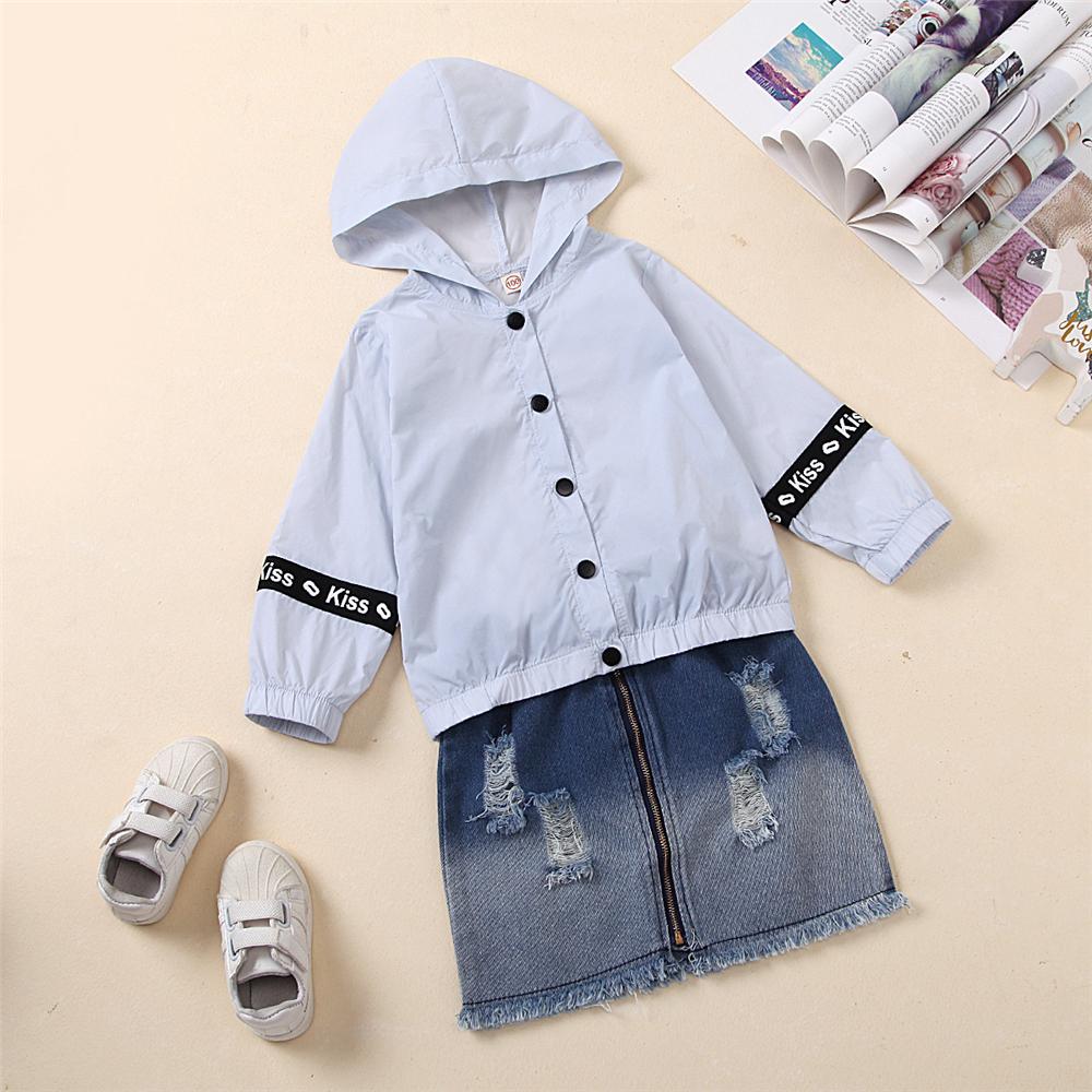 Girls Kiss Printed Hooded Long Sleeve Jacket & Ripped Denim Skirt Girls Wholesale - PrettyKid