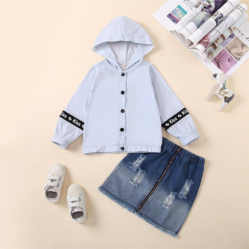 Girls Kiss Printed Hooded Long Sleeve Jacket & Ripped Denim Skirt Girls Wholesale - PrettyKid