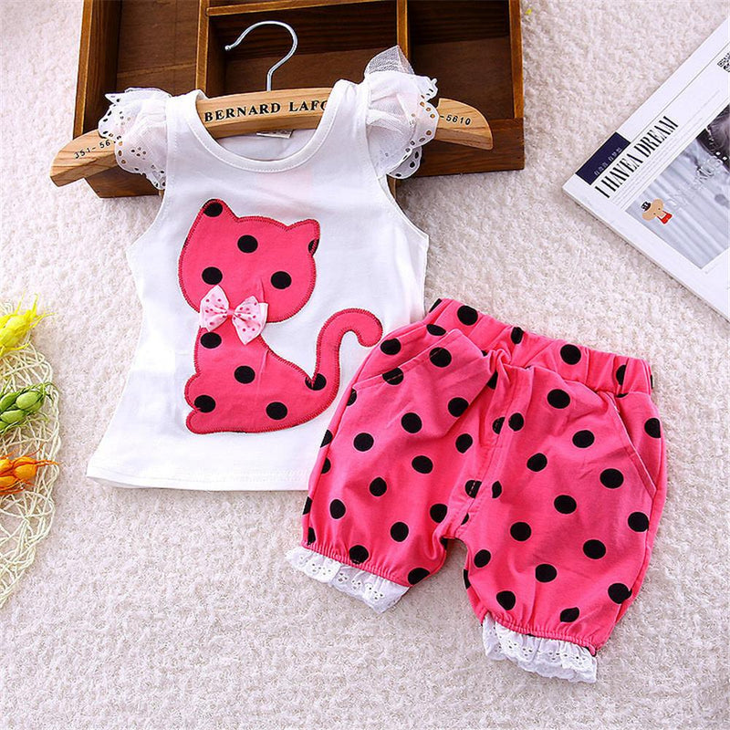 Girls Kitty Polka Dot Lace Sleeveless Top & Shorts Baby Girl Wholesale - PrettyKid