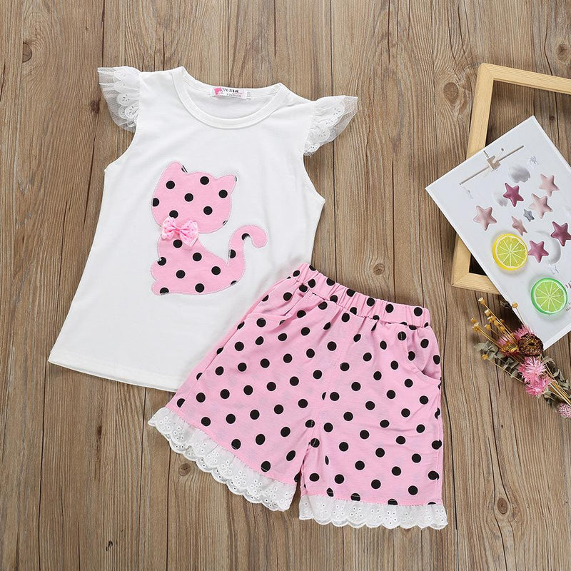 Girls Kitty Polka Dot Lace Sleeveless Top & Shorts Baby Girl Wholesale - PrettyKid