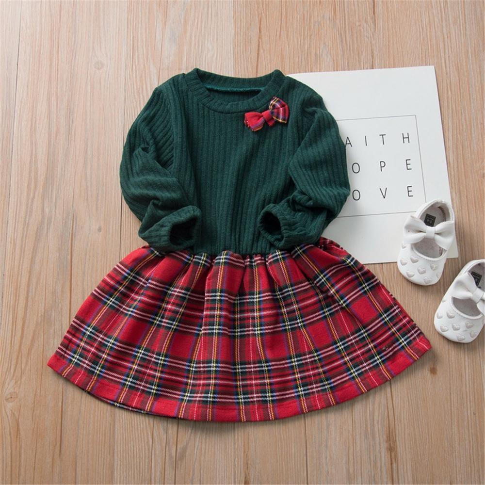 Girls Knitted Bow Long Sleeve Plaid Splicing Wholesale Girl Dresses - PrettyKid