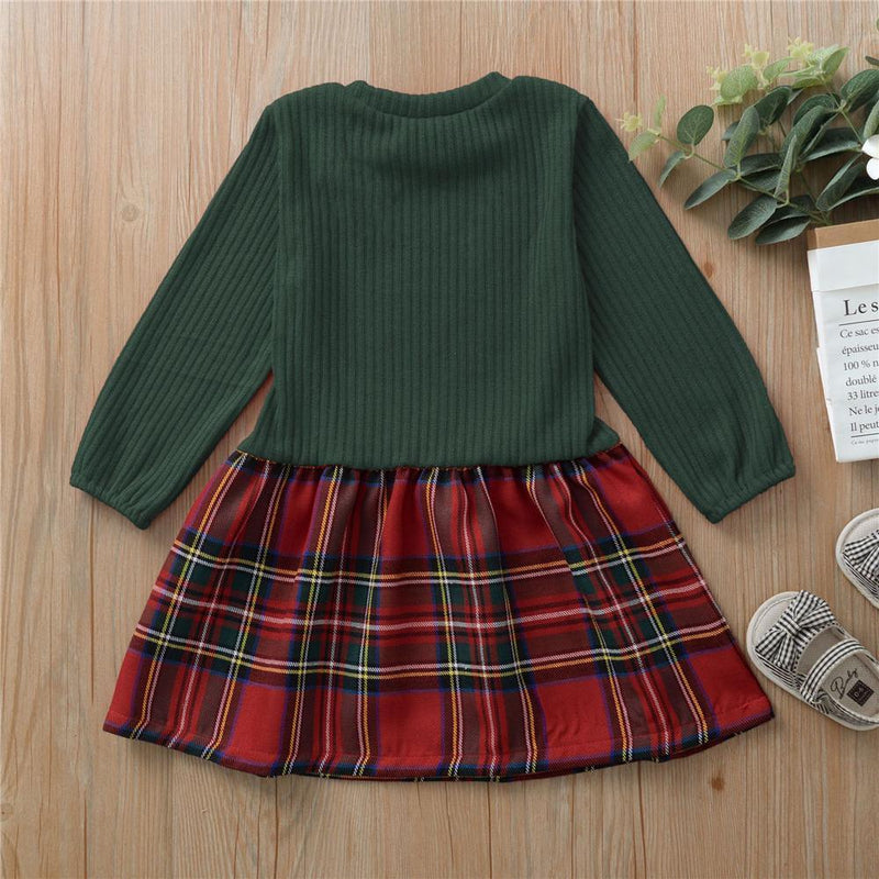 Girls Knitted Bow Long Sleeve Plaid Splicing Wholesale Girl Dresses - PrettyKid