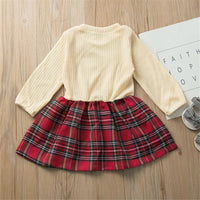 Girls Knitted Bow Long Sleeve Plaid Splicing Wholesale Girl Dresses - PrettyKid