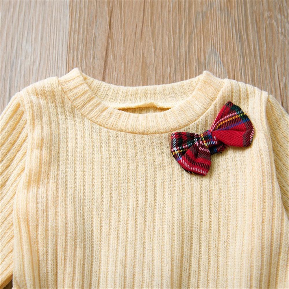 Girls Knitted Bow Long Sleeve Plaid Splicing Wholesale Girl Dresses - PrettyKid