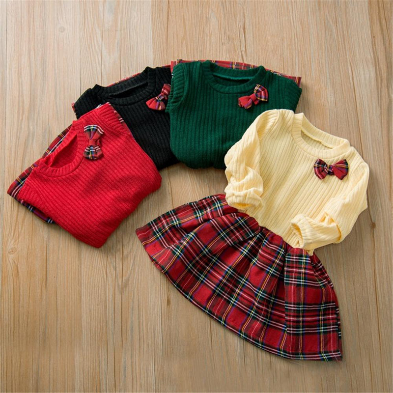 Girls Knitted Bow Long Sleeve Plaid Splicing Wholesale Girl Dresses - PrettyKid