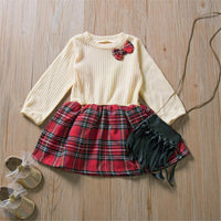 Girls Knitted Bow Long Sleeve Plaid Splicing Wholesale Girl Dresses - PrettyKid