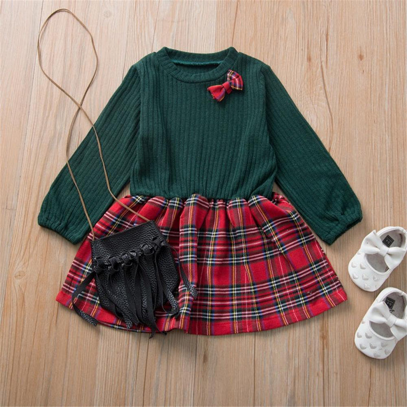 Girls Knitted Bow Long Sleeve Plaid Splicing Wholesale Girl Dresses - PrettyKid