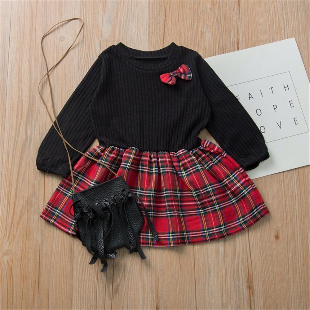 Girls Knitted Bow Long Sleeve Plaid Splicing Wholesale Girl Dresses - PrettyKid