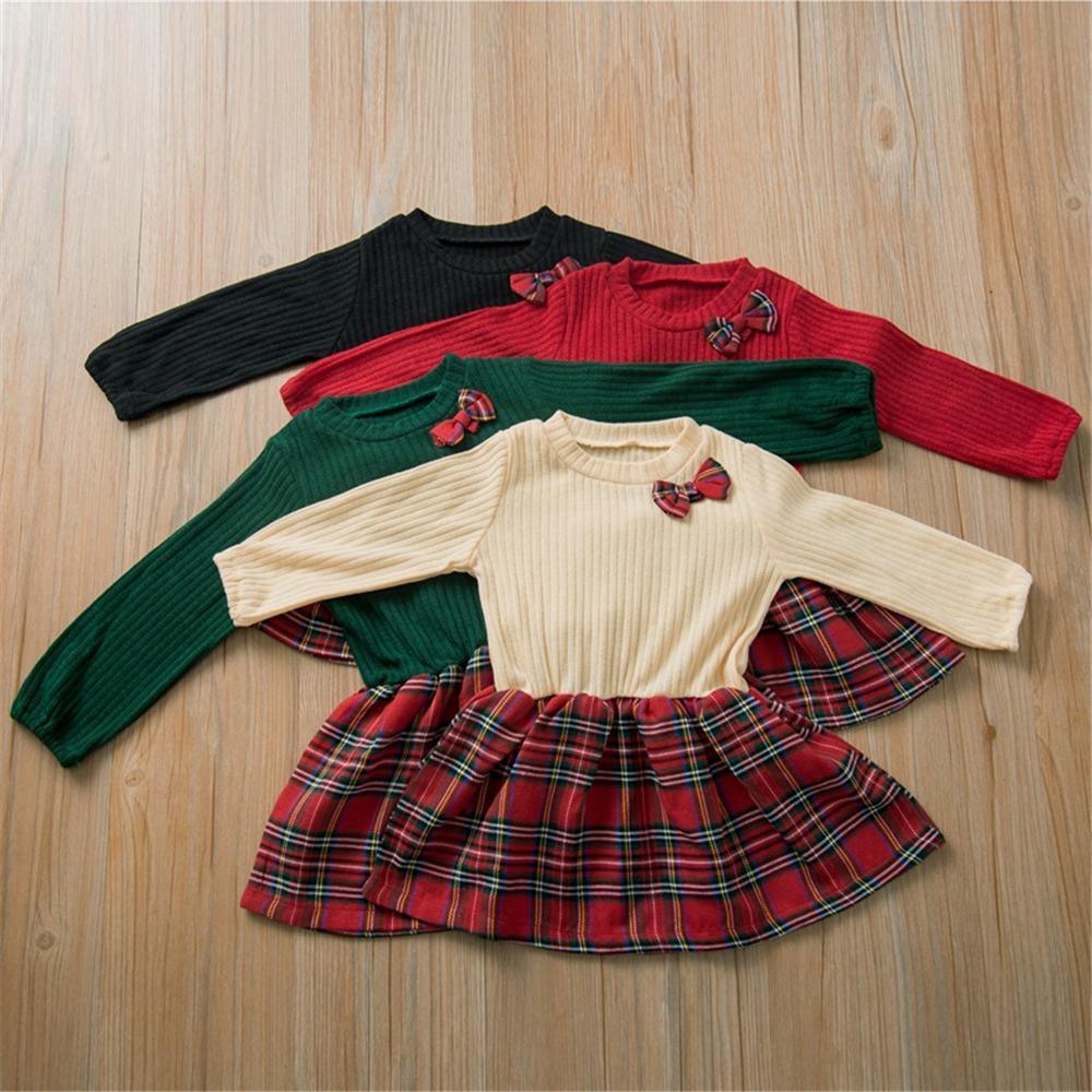 Girls Knitted Bow Long Sleeve Plaid Splicing Wholesale Girl Dresses - PrettyKid