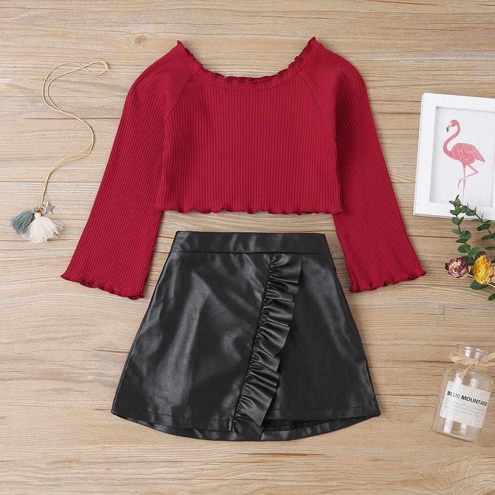 Girls Long Sleeve Top & PU Skirt Wholesale Girls Clothes - PrettyKid