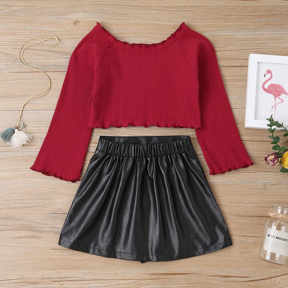 Girls Long Sleeve Top & PU Skirt Wholesale Girls Clothes - PrettyKid