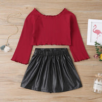 Girls Long Sleeve Top & PU Skirt Wholesale Girls Clothes - PrettyKid