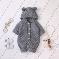 Baby Knitted Solid Long Sleeve Sweaters Hooded Romper - PrettyKid