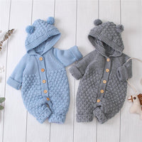 Baby Knitted Solid Long Sleeve Sweaters Hooded Romper - PrettyKid