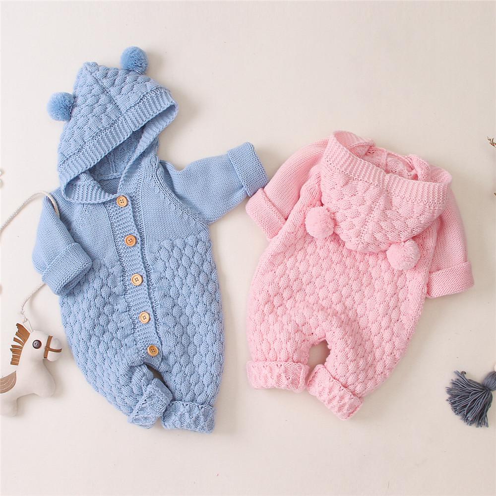 Baby Knitted Solid Long Sleeve Sweaters Hooded Romper - PrettyKid