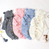 Baby Knitted Solid Long Sleeve Sweaters Hooded Romper - PrettyKid