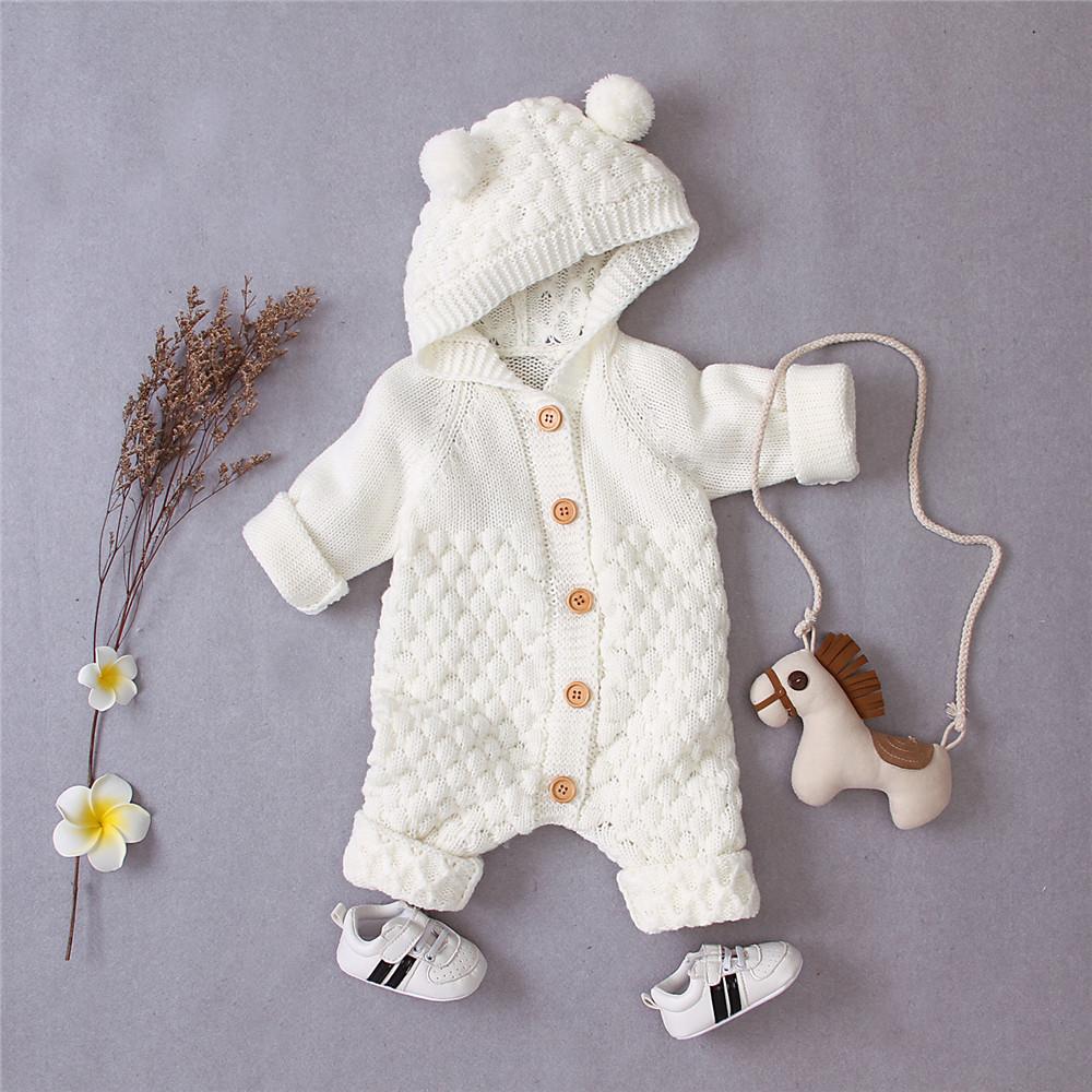 Baby Knitted Solid Long Sleeve Sweaters Hooded Romper - PrettyKid