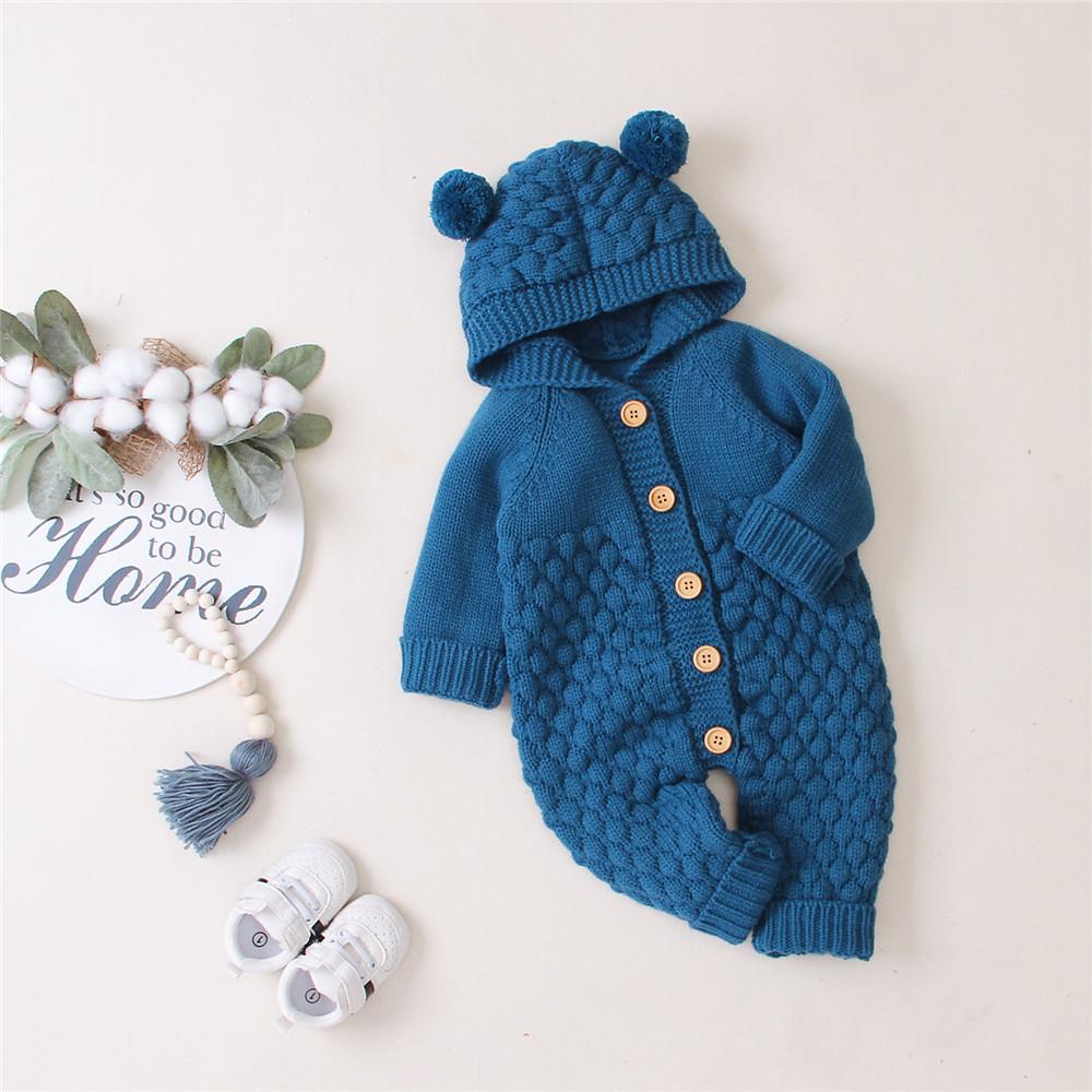 Baby Knitted Solid Long Sleeve Sweaters Hooded Romper - PrettyKid