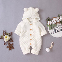 Baby Knitted Solid Long Sleeve Sweaters Hooded Romper - PrettyKid