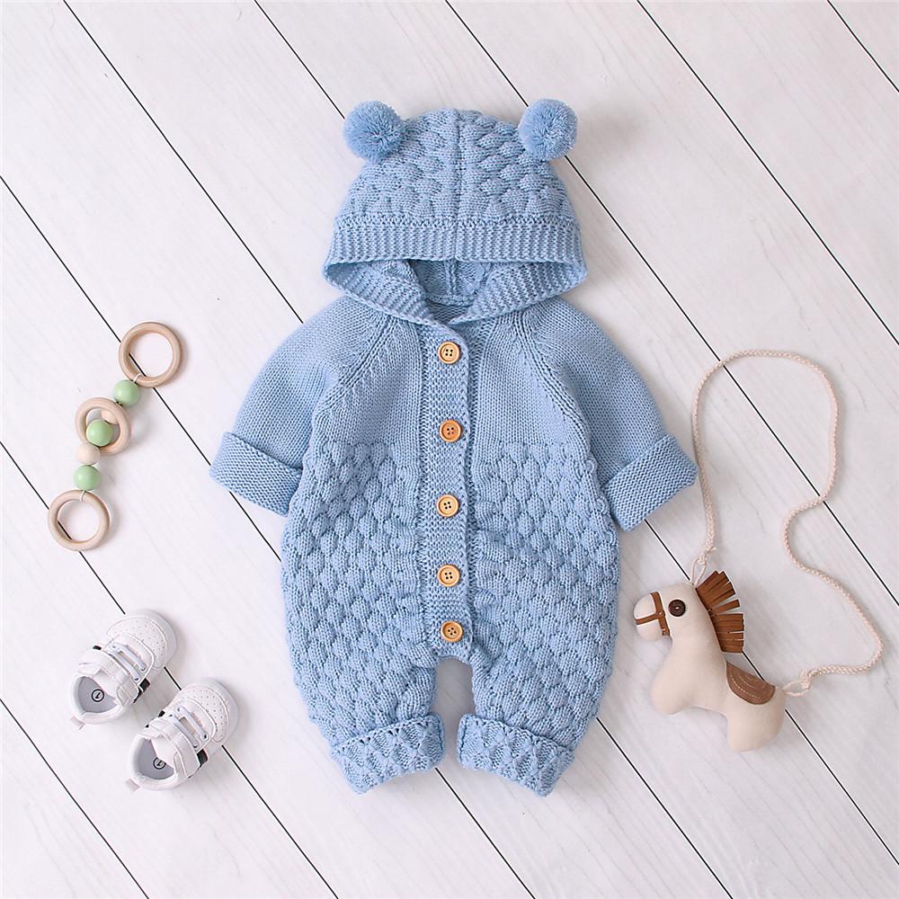 Baby Knitted Solid Long Sleeve Sweaters Hooded Romper - PrettyKid