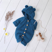 Baby Knitted Solid Long Sleeve Sweaters Hooded Romper - PrettyKid