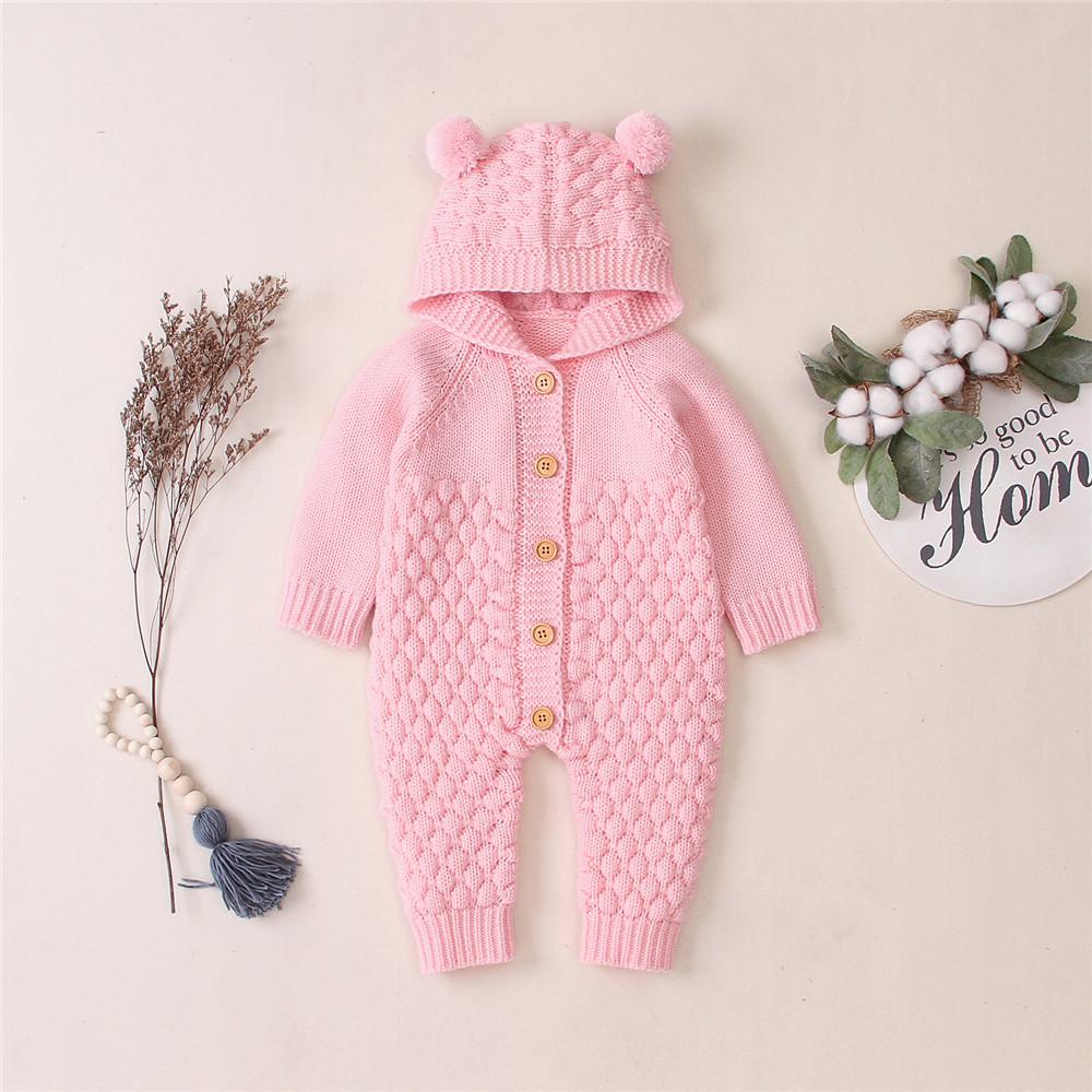 Baby Knitted Solid Long Sleeve Sweaters Hooded Romper - PrettyKid