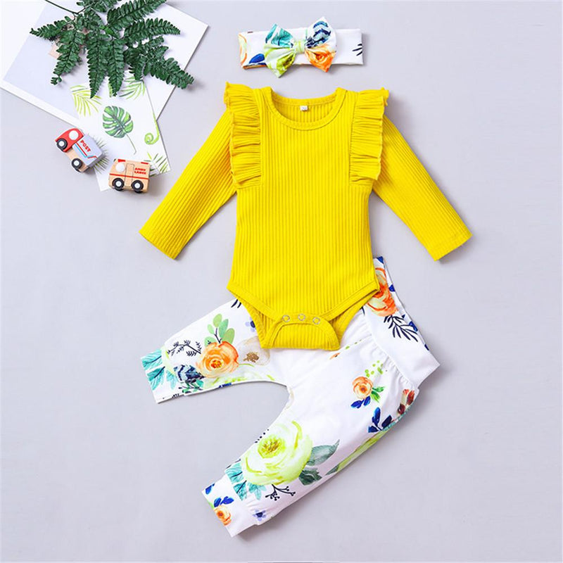 Baby Girls Knitted Solid Long Sleeve Tops & Floral Printed Pants & Headband - PrettyKid