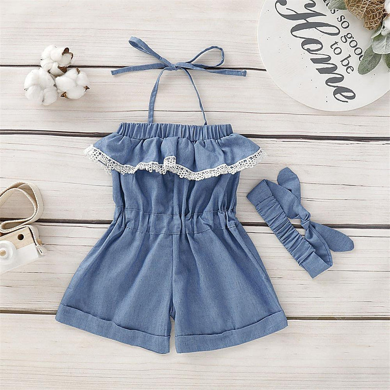 Girls Lace Bow Decor Decor Suspender Denim Jumpsuit & Headband Kids clothes vendors in bulk - PrettyKid
