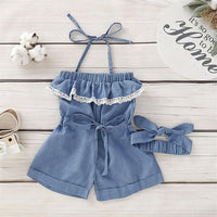 Girls Lace Bow Decor Decor Suspender Denim Jumpsuit & Headband Kids clothes vendors in bulk - PrettyKid