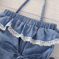 Girls Lace Bow Decor Decor Suspender Denim Jumpsuit & Headband Kids clothes vendors in bulk - PrettyKid