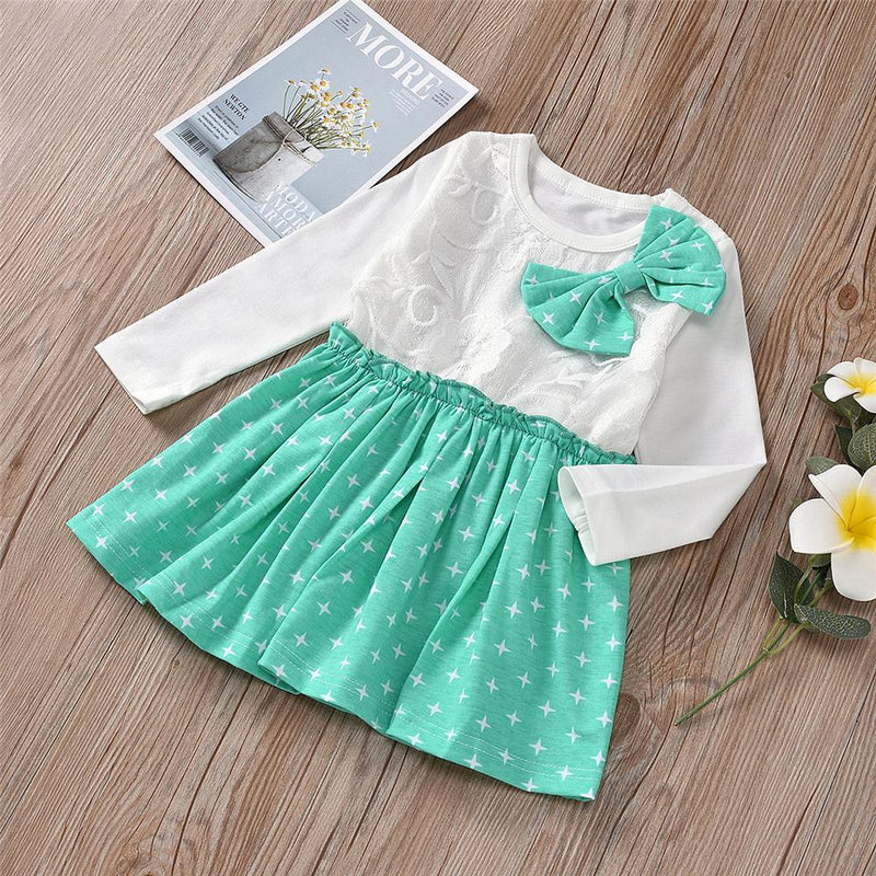 Girls Lace Bow Decor Star Splicing Dress Wholesale Girl Boutique Clothing - PrettyKid