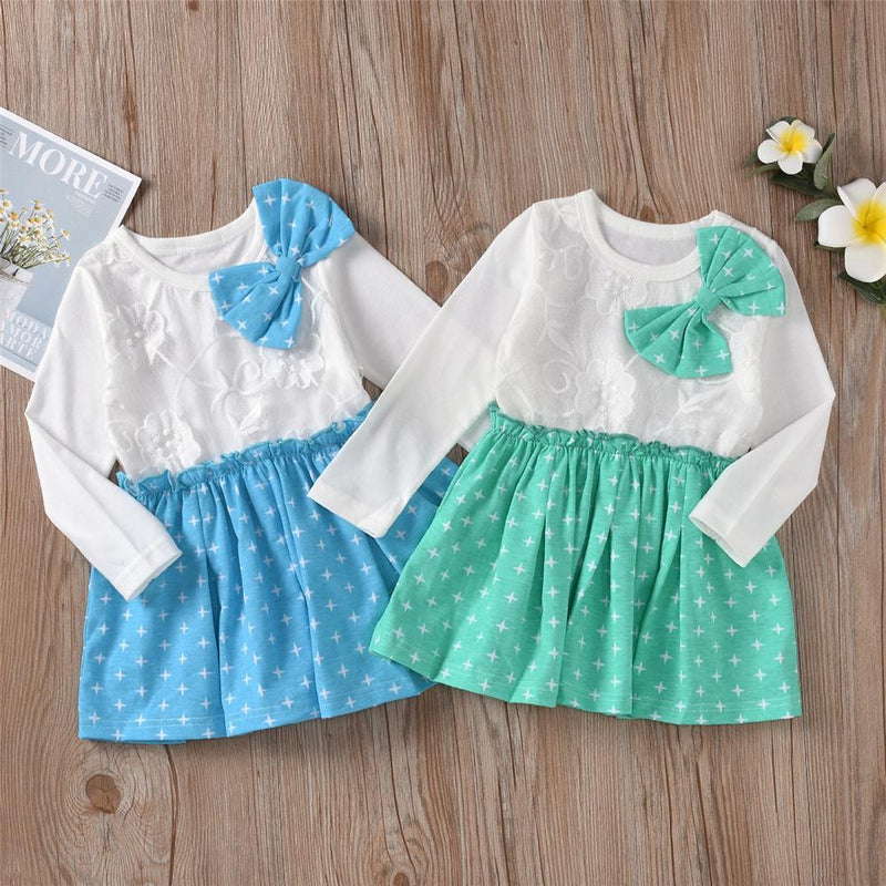 Girls Lace Bow Decor Star Splicing Dress Wholesale Girl Boutique Clothing - PrettyKid