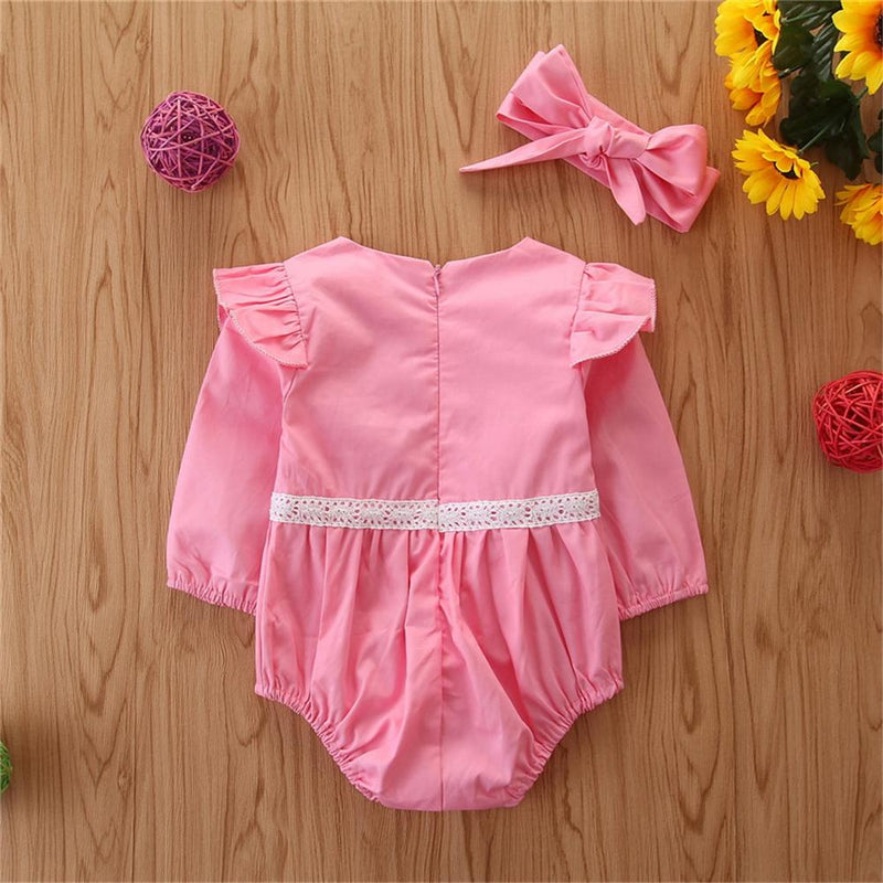 Baby Girls Lace Button Long Sleeve Wholesale Baby Rompers - PrettyKid