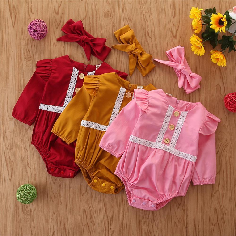 Baby Girls Lace Button Long Sleeve Wholesale Baby Rompers - PrettyKid