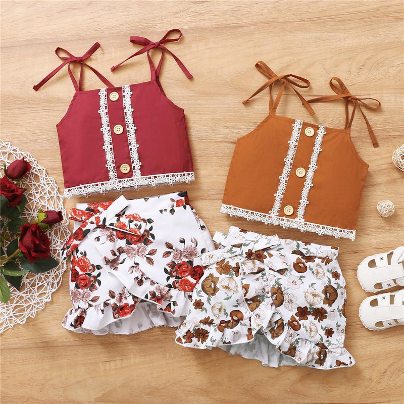 Toddler Girls Lace Button Sling Top & Floral Skirt Supplierstraditional baby clothes wholesale - PrettyKid