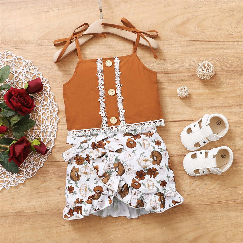 Toddler Girls Lace Button Sling Top & Floral Skirt Supplierstraditional baby clothes wholesale - PrettyKid